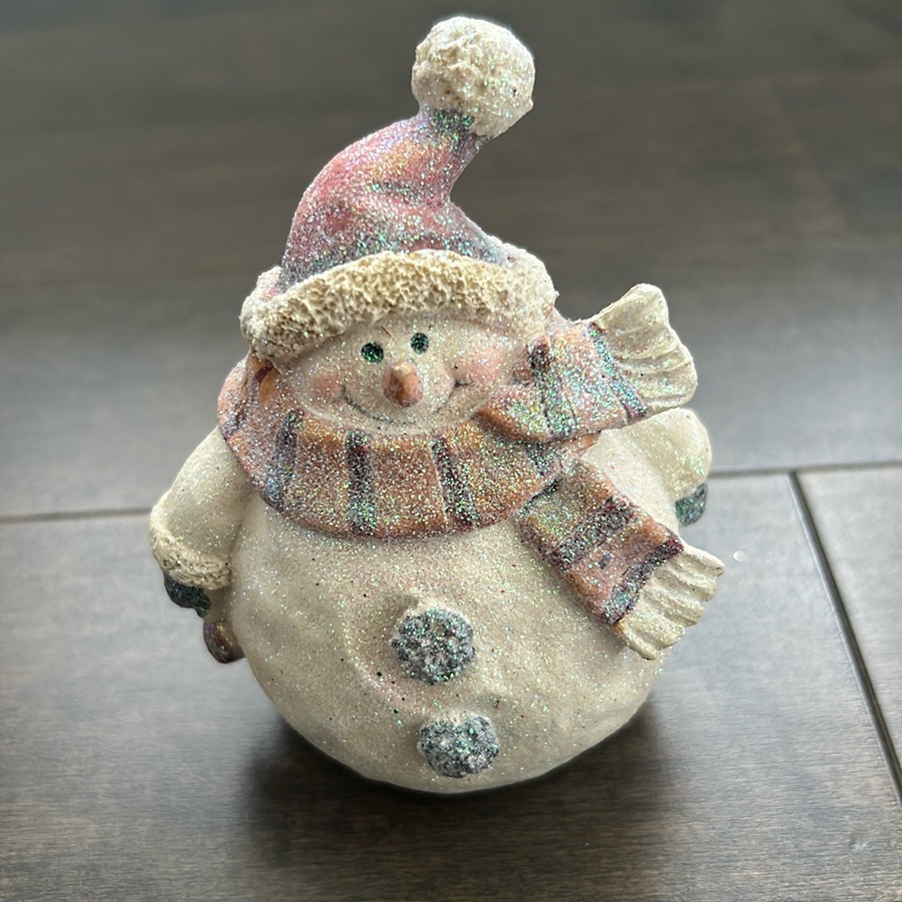 Chubby Pastel Ceramic Snowman Winter Ornament, Holiday Decor Sparkle Snow